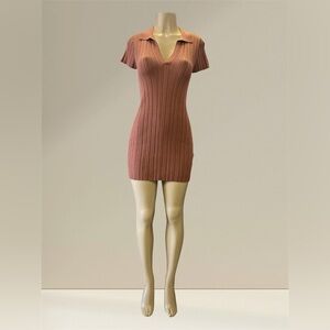 LITA by Ciara Elegant Ribbed Knit Mini Dress in Rich Brown (Cinnamon) Size M